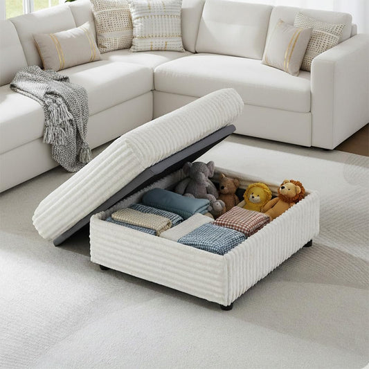 Corduroy Storage Ottoman Beige Cushioned Living Room
