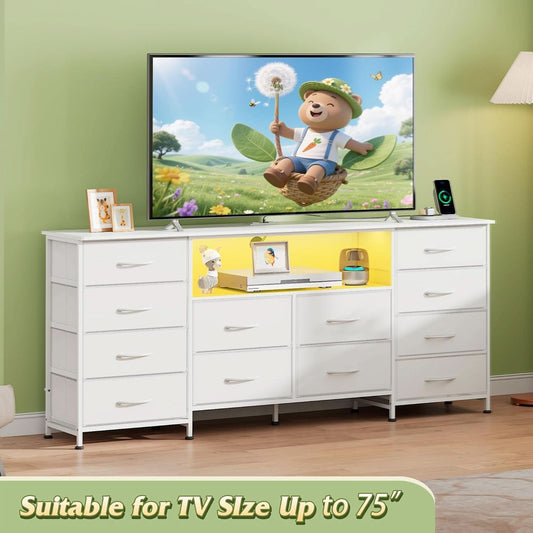 White TV Stand Dresser With Integrated LEDs 65 To 75 Inch TV