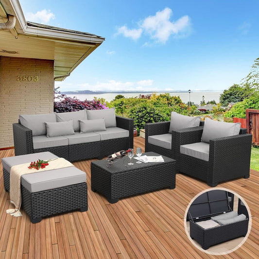 Six Piece Outdoor Wicker Furniture Set With Grey Cushions-1
