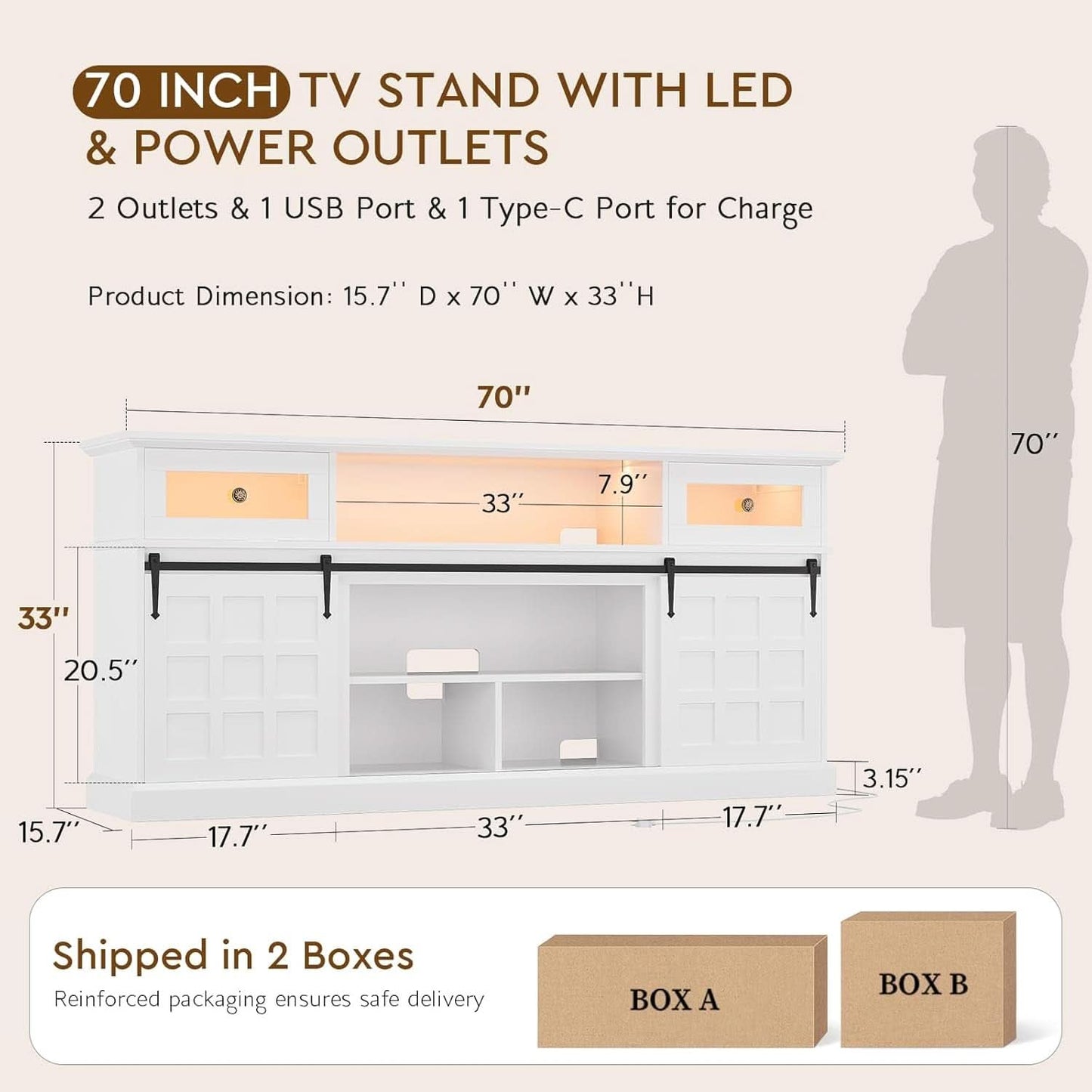 70Inch LED TV Stand Farmhouse White USB-Power Outlets