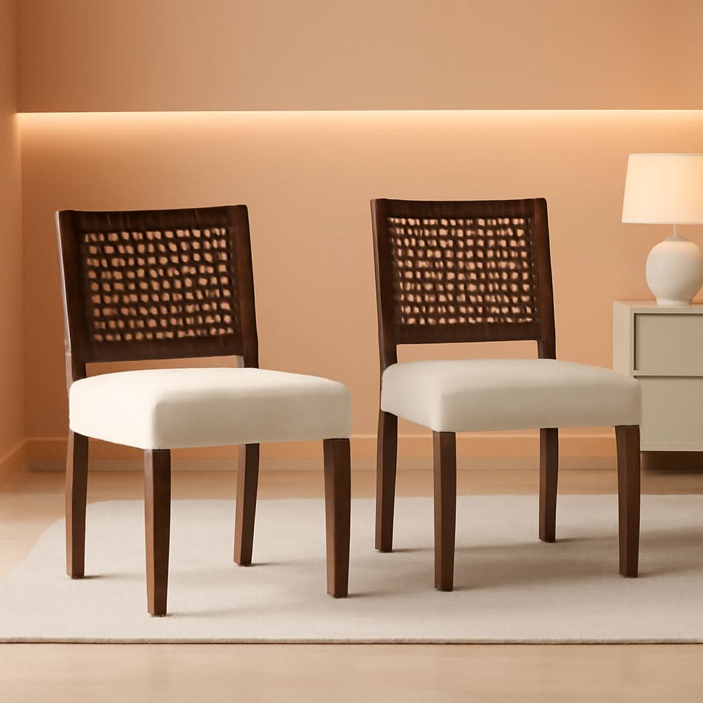 Beige Linen Upholstered Dining Chairs Midcentury Modern