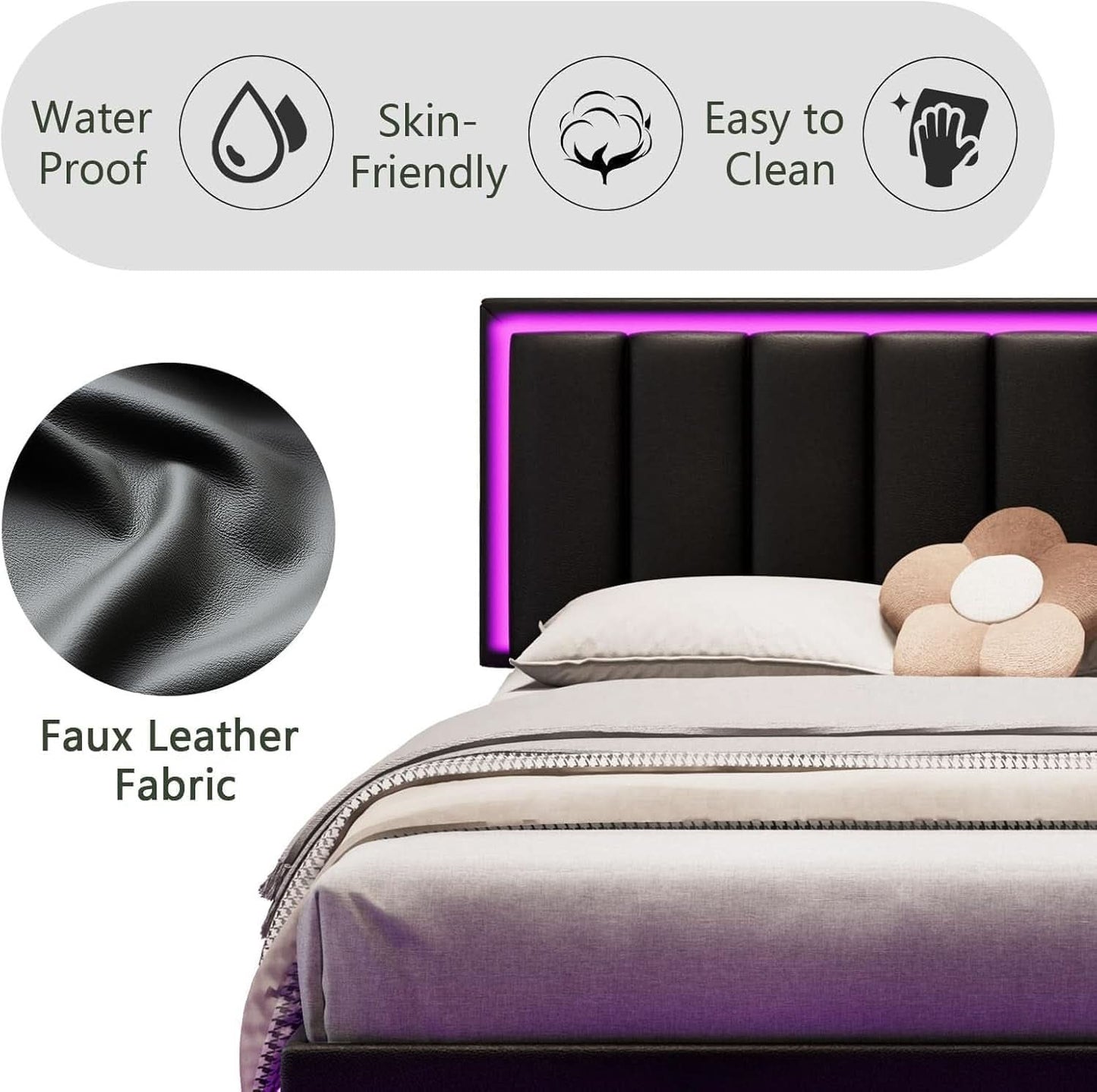 Floating Full Bed Frame with LED Lights and Head board, Black
