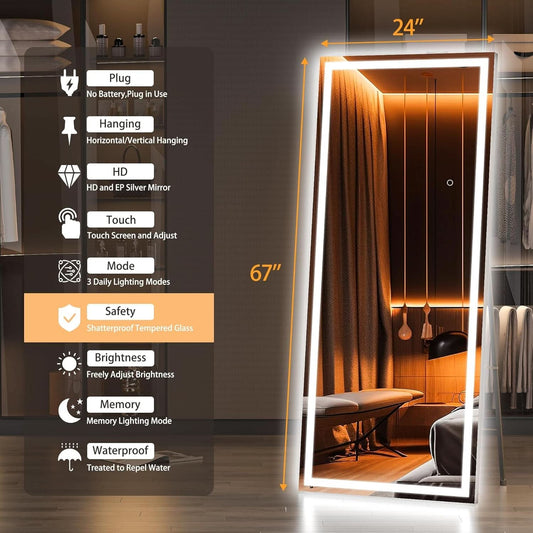 67x24Inches LED Floor Standing Mirror Dimmable Lights