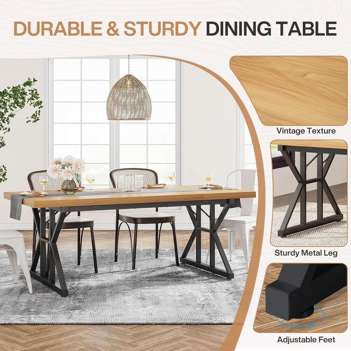 Farmhouse Dining Table 70.8 Inch Wood With Metal Legs