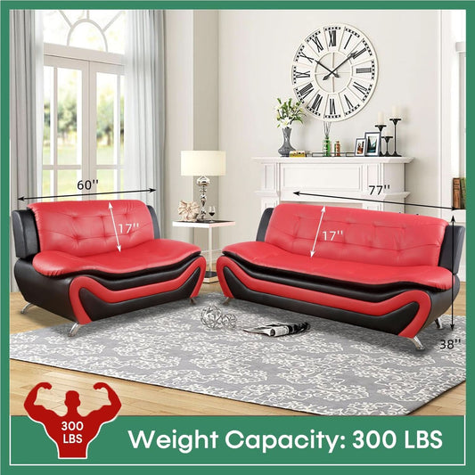 Leather Three Piece Living Room Sofa Set Black And Red