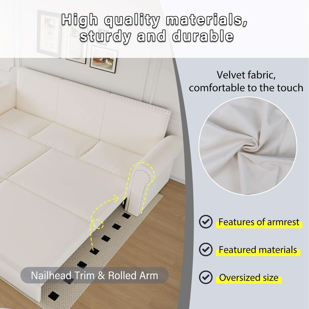 King Size Multifunctional Sleeper Sofa Beige Velvet-4