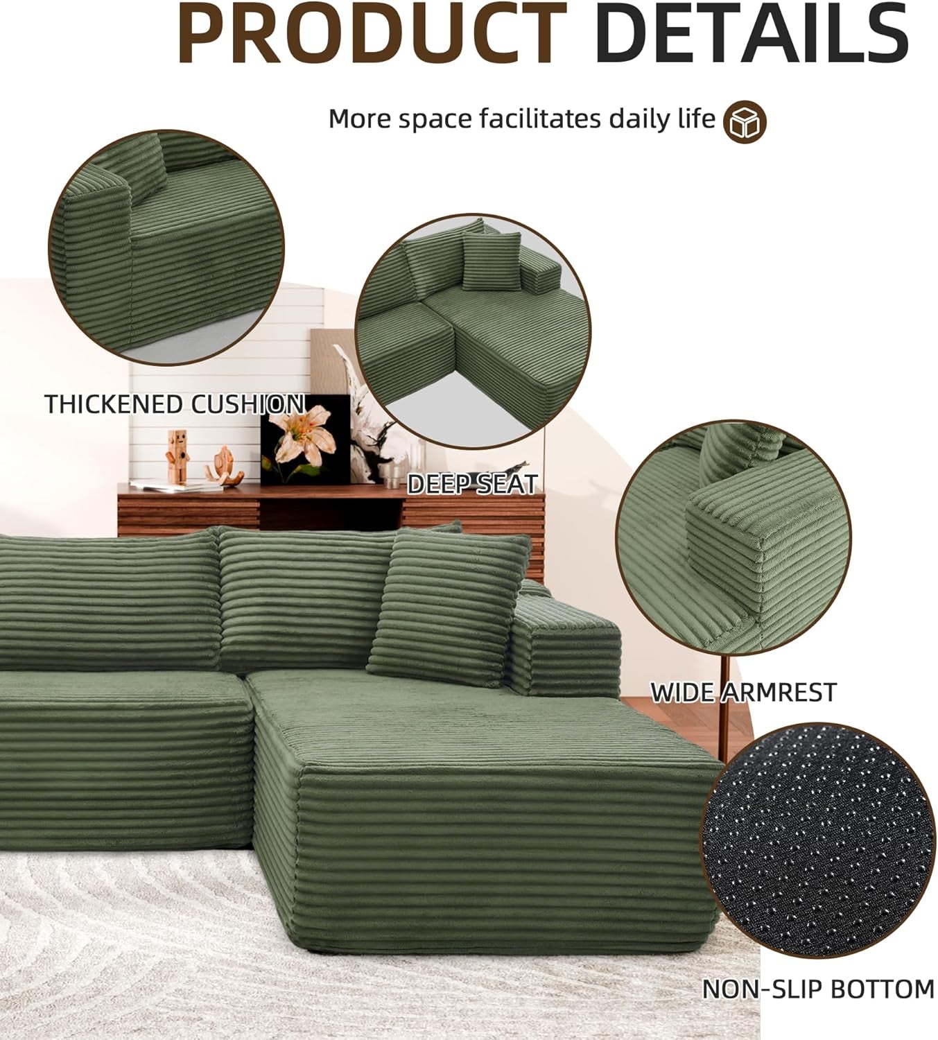 Green 106Inch Modular Sectional Sofa Luxurious Living
