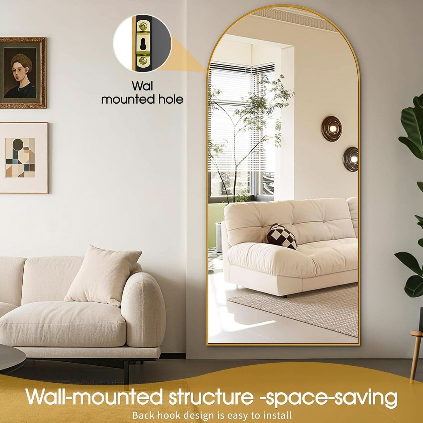 71x30Inch Arched Floor standing Mirror Goldtone Finish