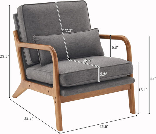 Gray Linen Upholstered MidCentury Chair With Pillow