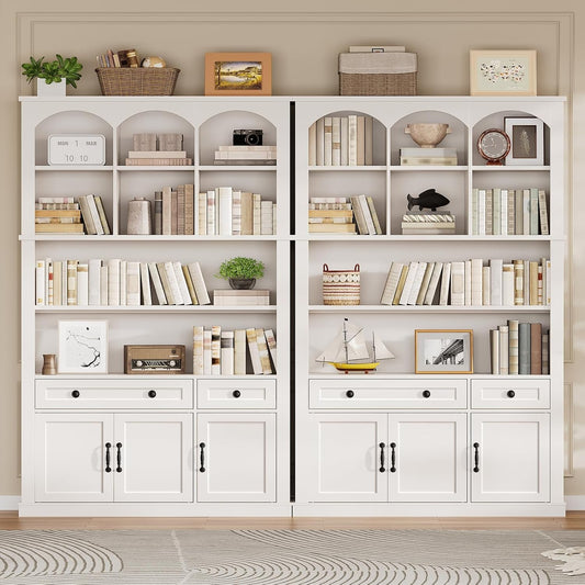 White Farmhouse Arched Bookcase Featuring Large Drawer