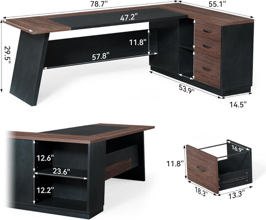 Brown 78Inch Executive Desk Featuring File Cabinet