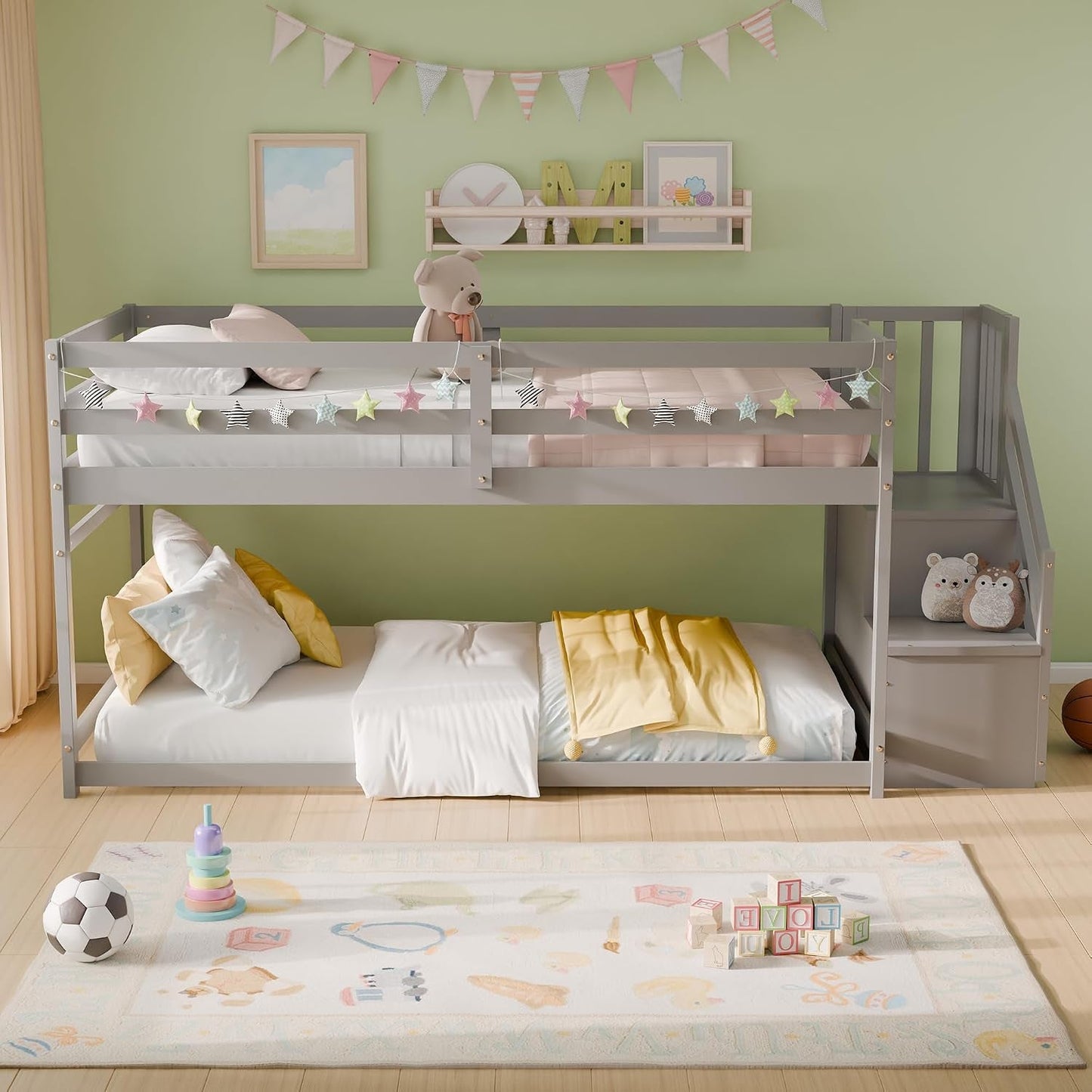Charcoal Gray Space Saving Twin Over Bunk Bed Staircase