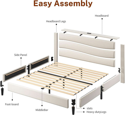 Beige Queen Size Upholstered Bed Frame Charging Ports