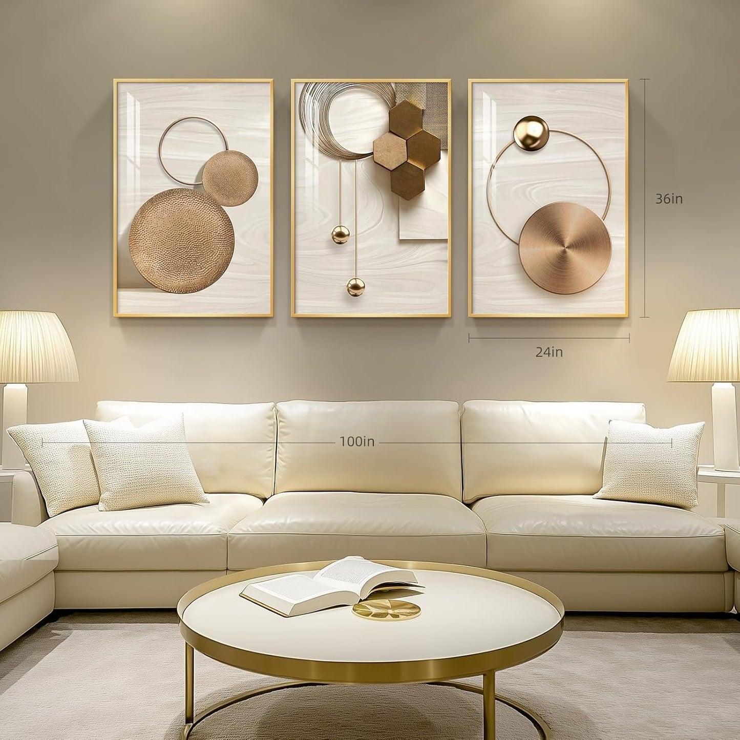 Gold Framed Modern Wall Art Three Panel Display 24x36