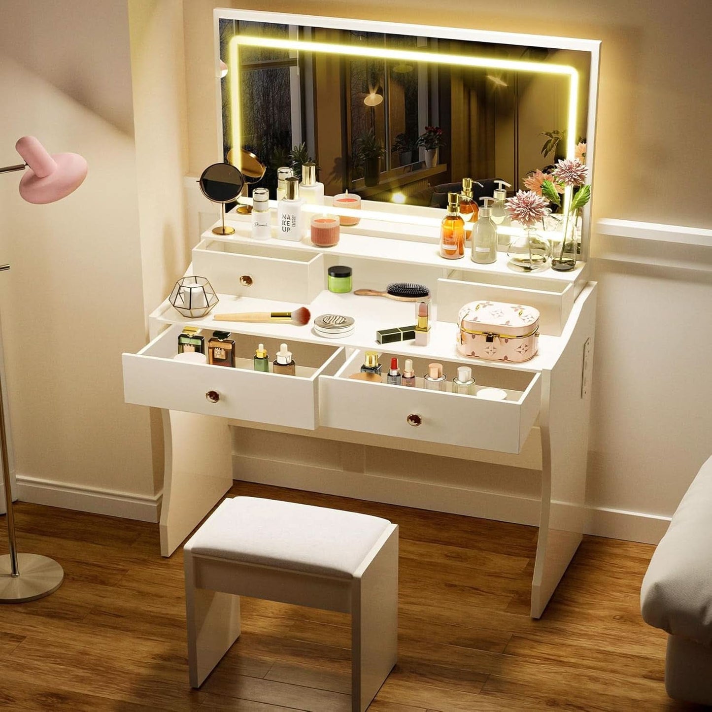 Makeup Vanity White Desk With Multifunctional Mirror