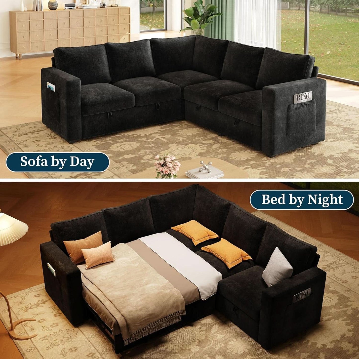 Black 83Inch Deluxe Sleeper Sectional Sofa With Storage