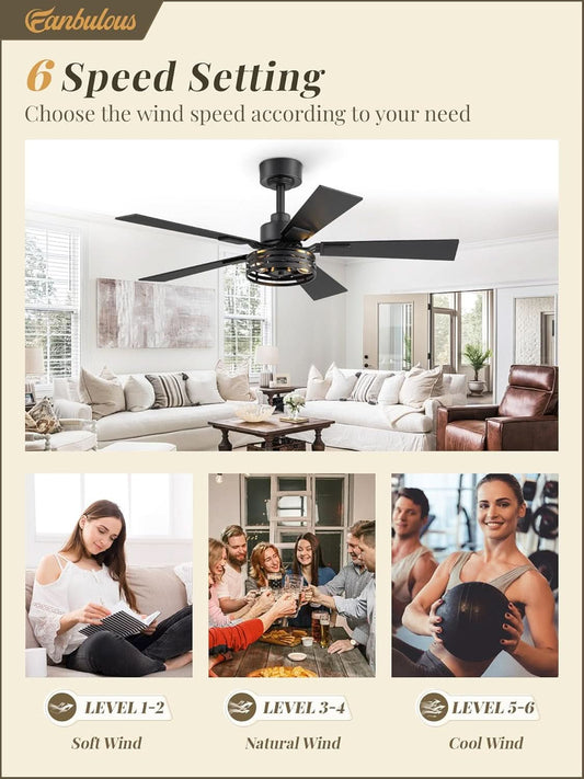 42 Inch Rustic Black Farmhouse Ceiling Fans Remote Control