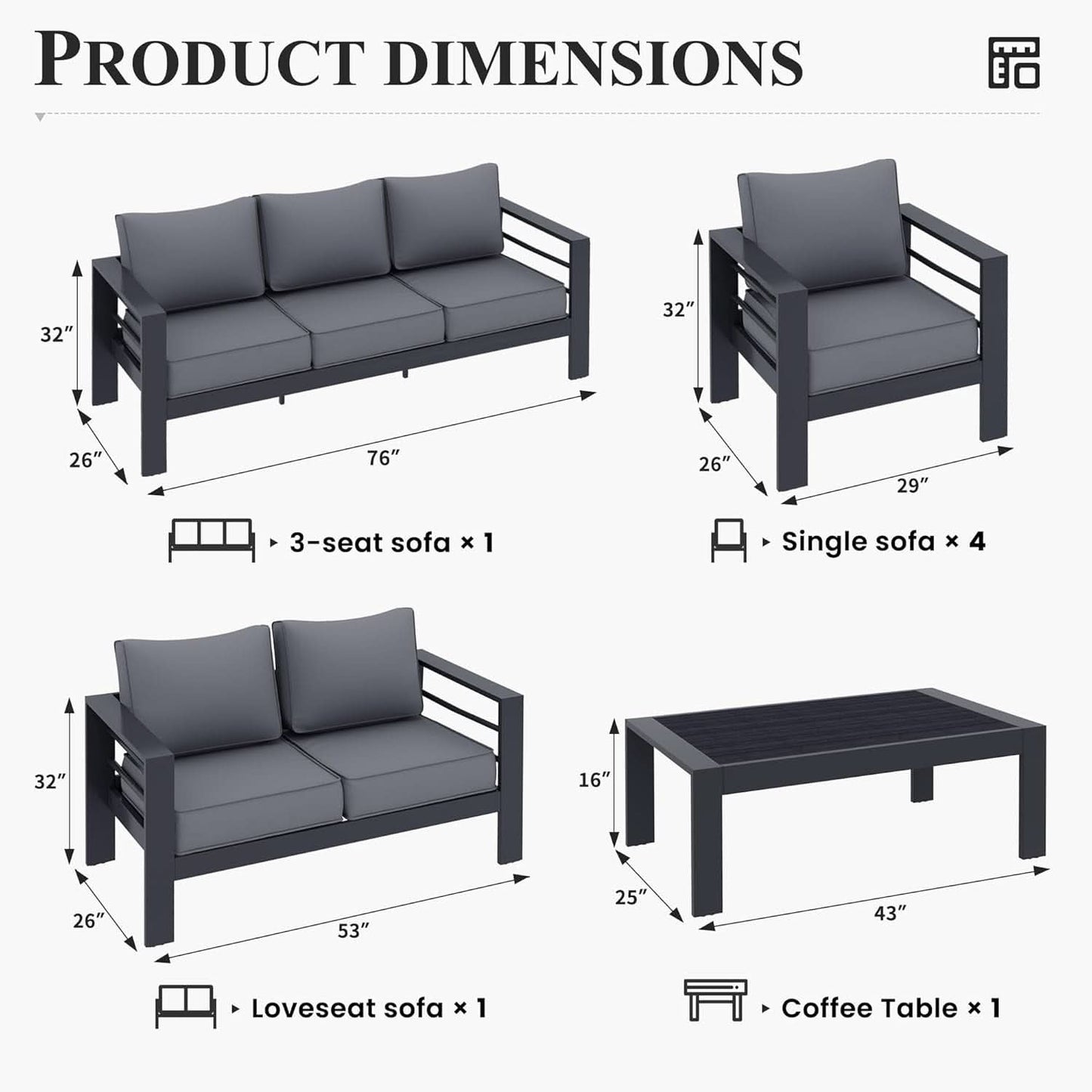 Aluminum Patio Set 7 Piece With Waterproof Covers Grey