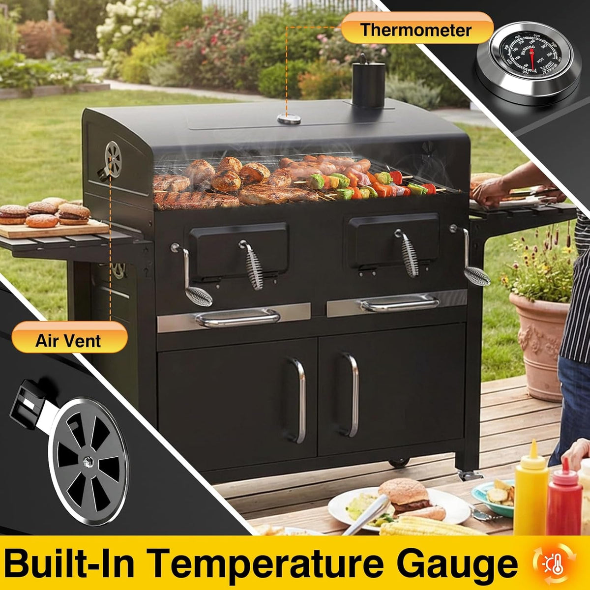 63Inch Cabinet Charcoal Grill Smoker With FoldingTables