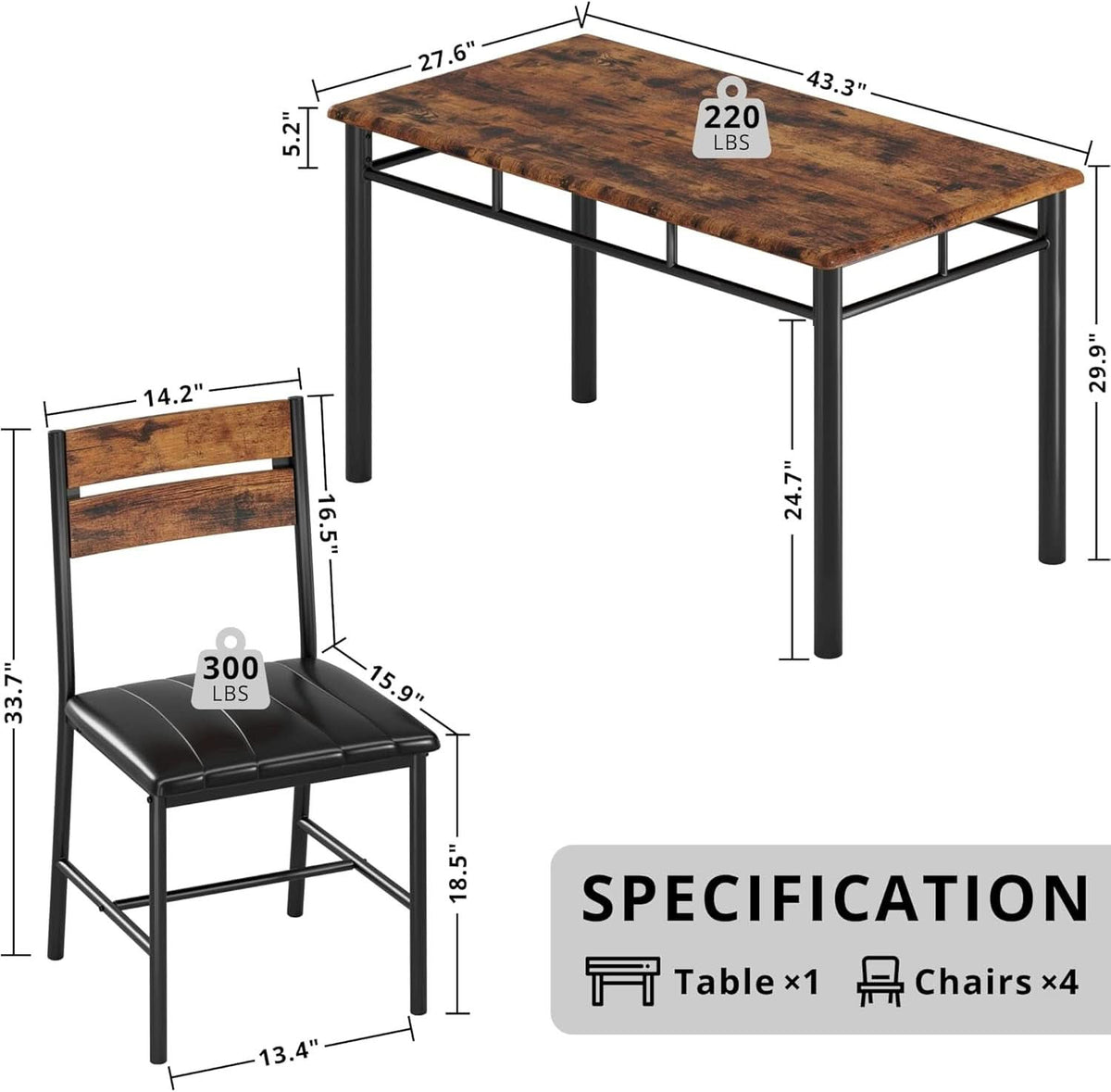 Dining Table Set For 4 Wood Kitchen Table With Upholstered Chairs Rustic Brown