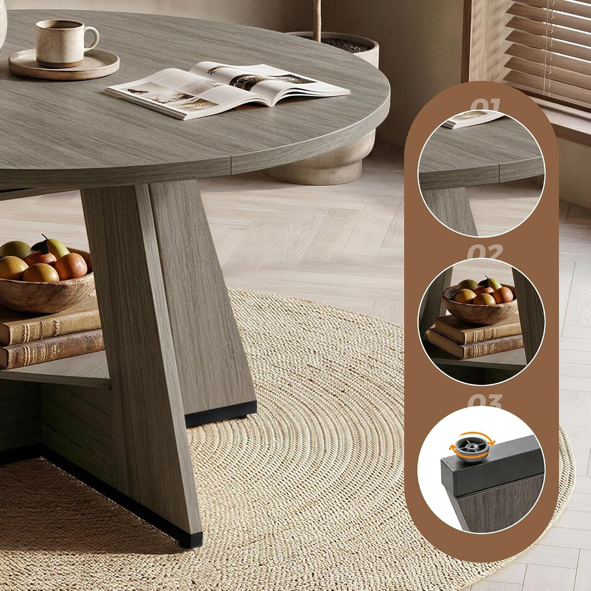 Round Extendable Dining Table Concealed Storage Shelf