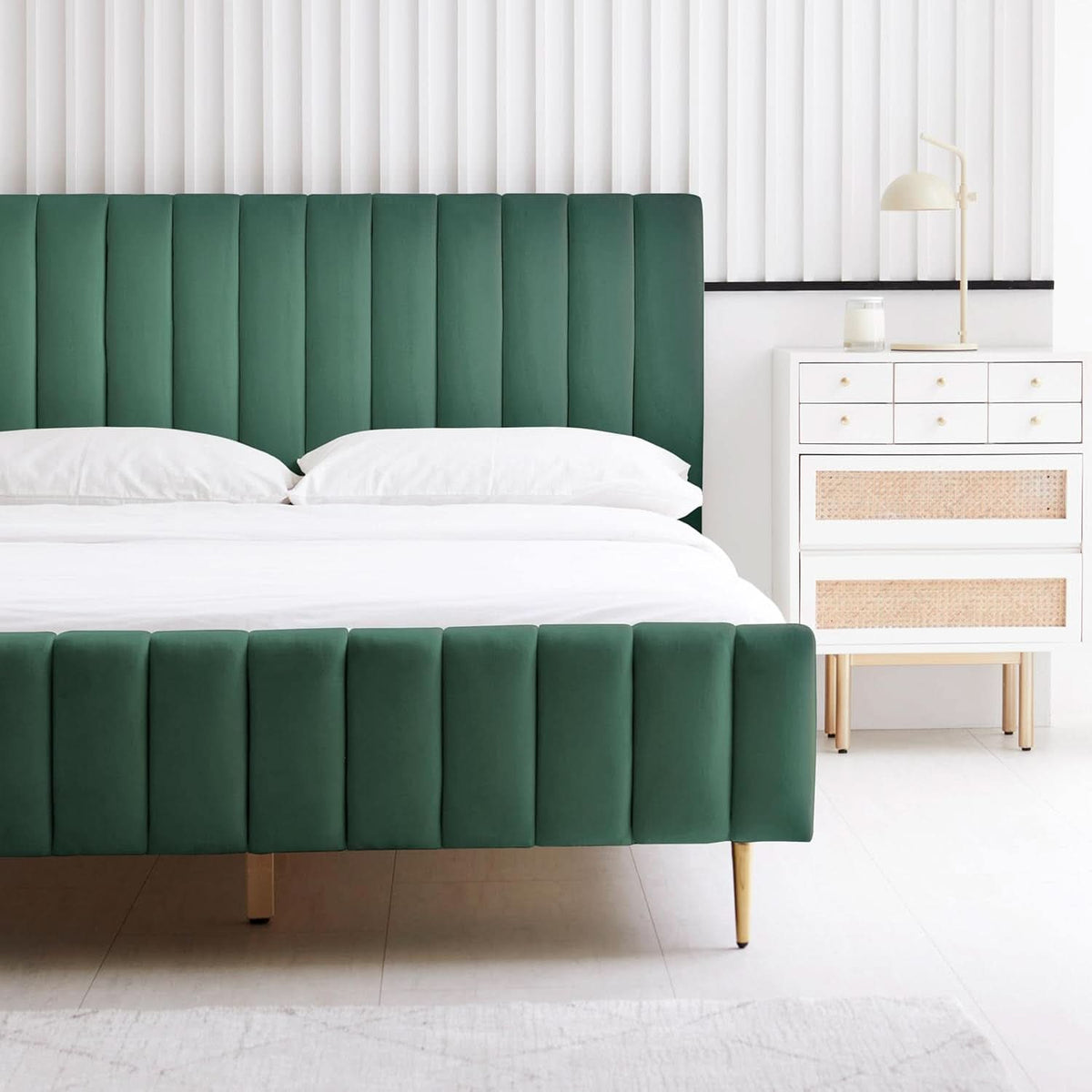 Queen Size Velvet Platform Bed EmeraldGreen Headboard