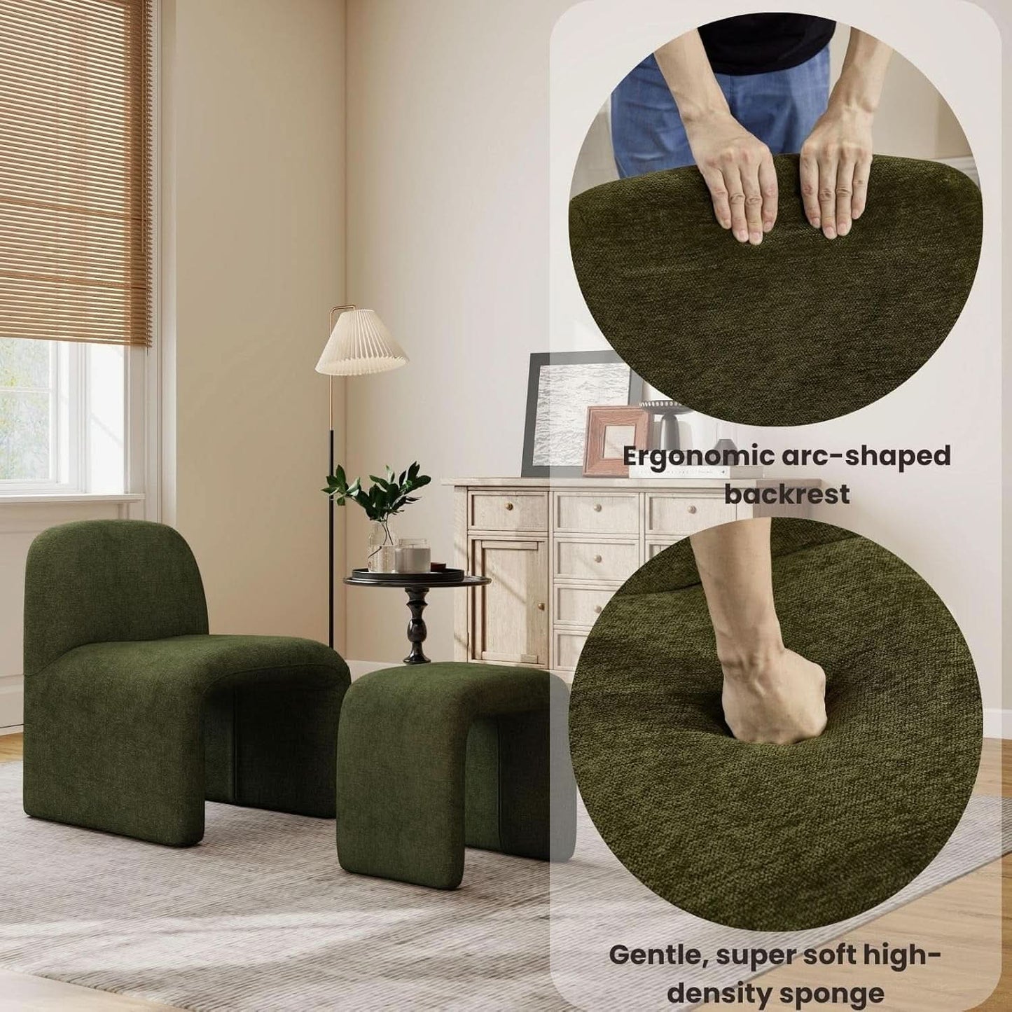 Green Chenille Upholstered Accent Chair With Ottoman