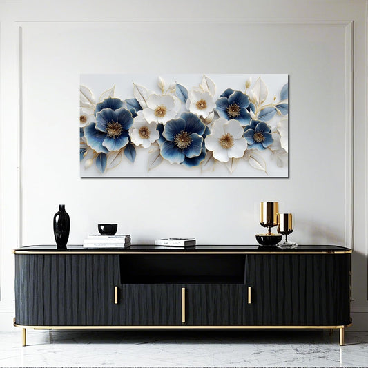 Framed Blue White Floral Canvas Wall Art 20x40 Ready To Hang