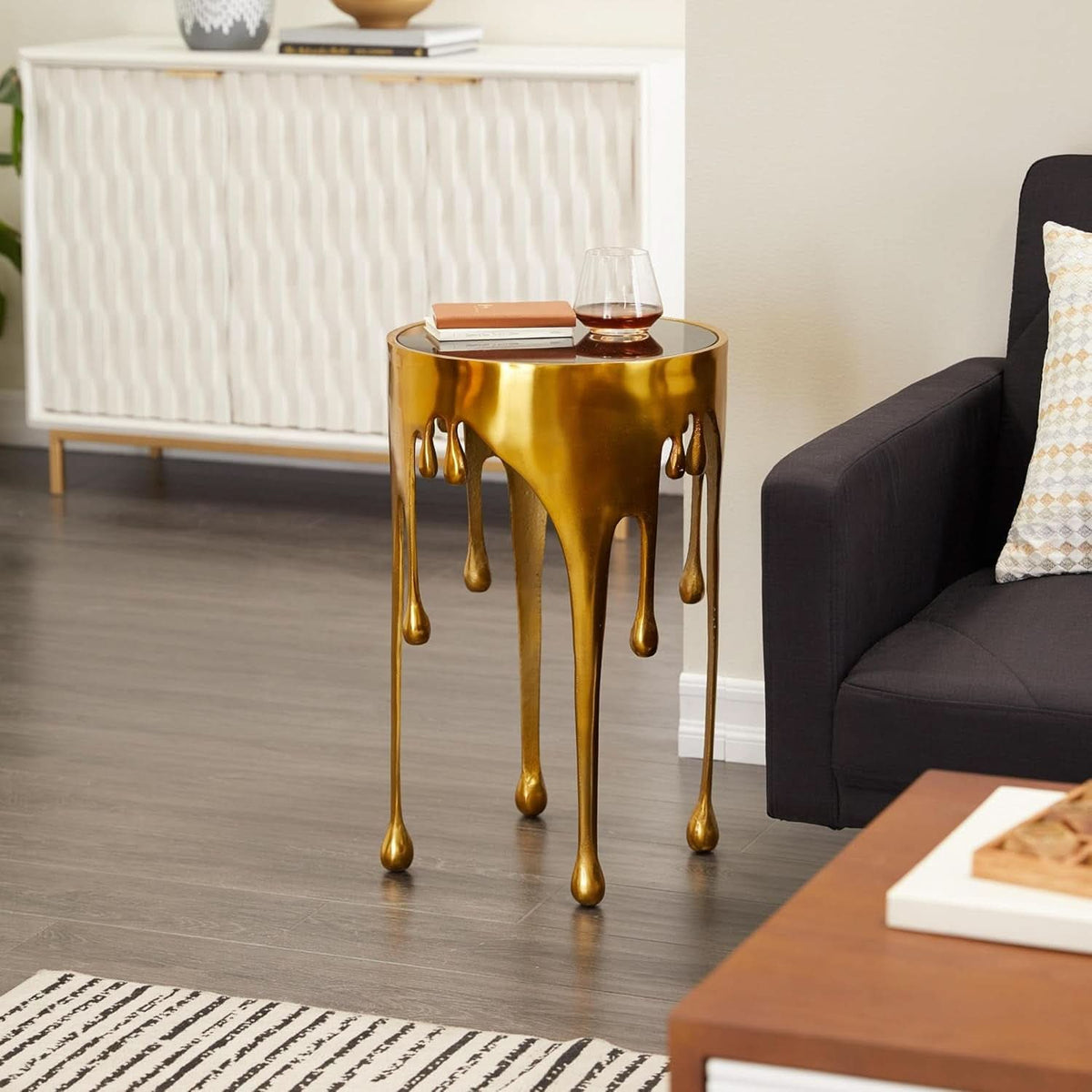 Gold Anodized Aluminum Tempered Glass Table 16x16x25