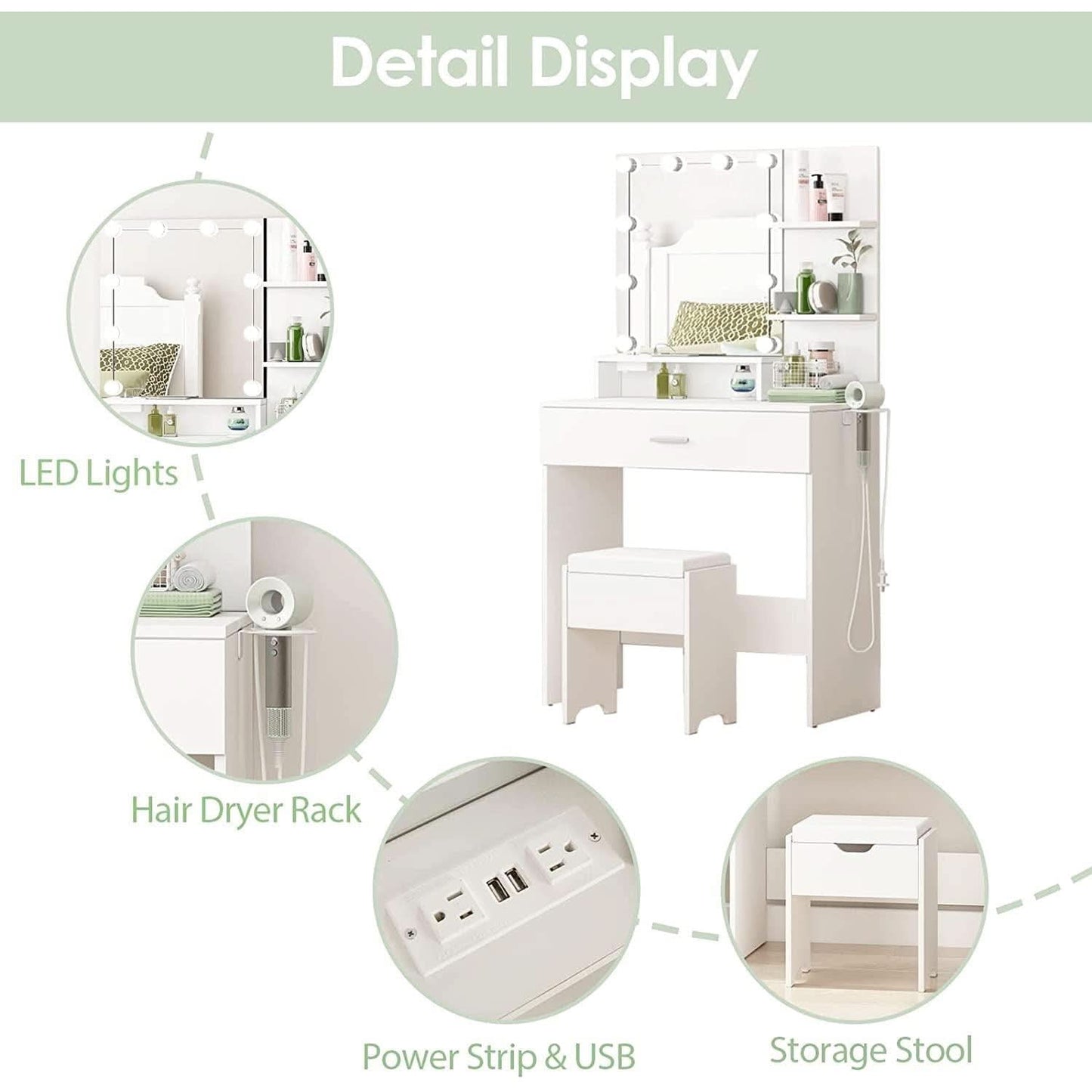 White Vanity Set With Lighted Mirror And Built In Power