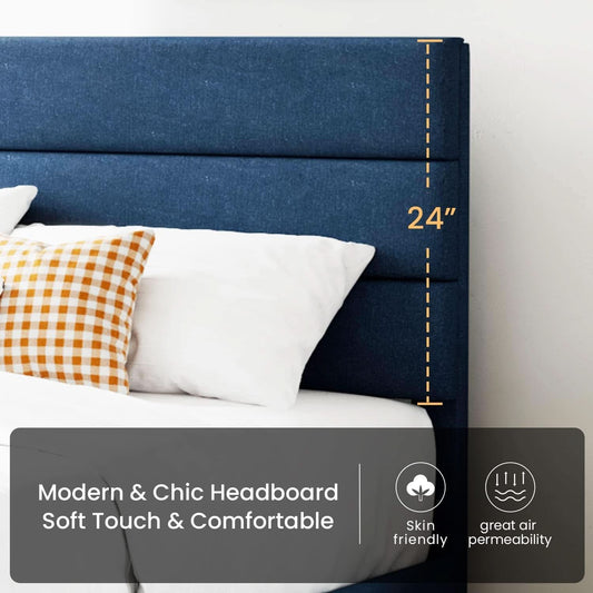 Full Platform Bed Frame Blue Upholstered Headboard