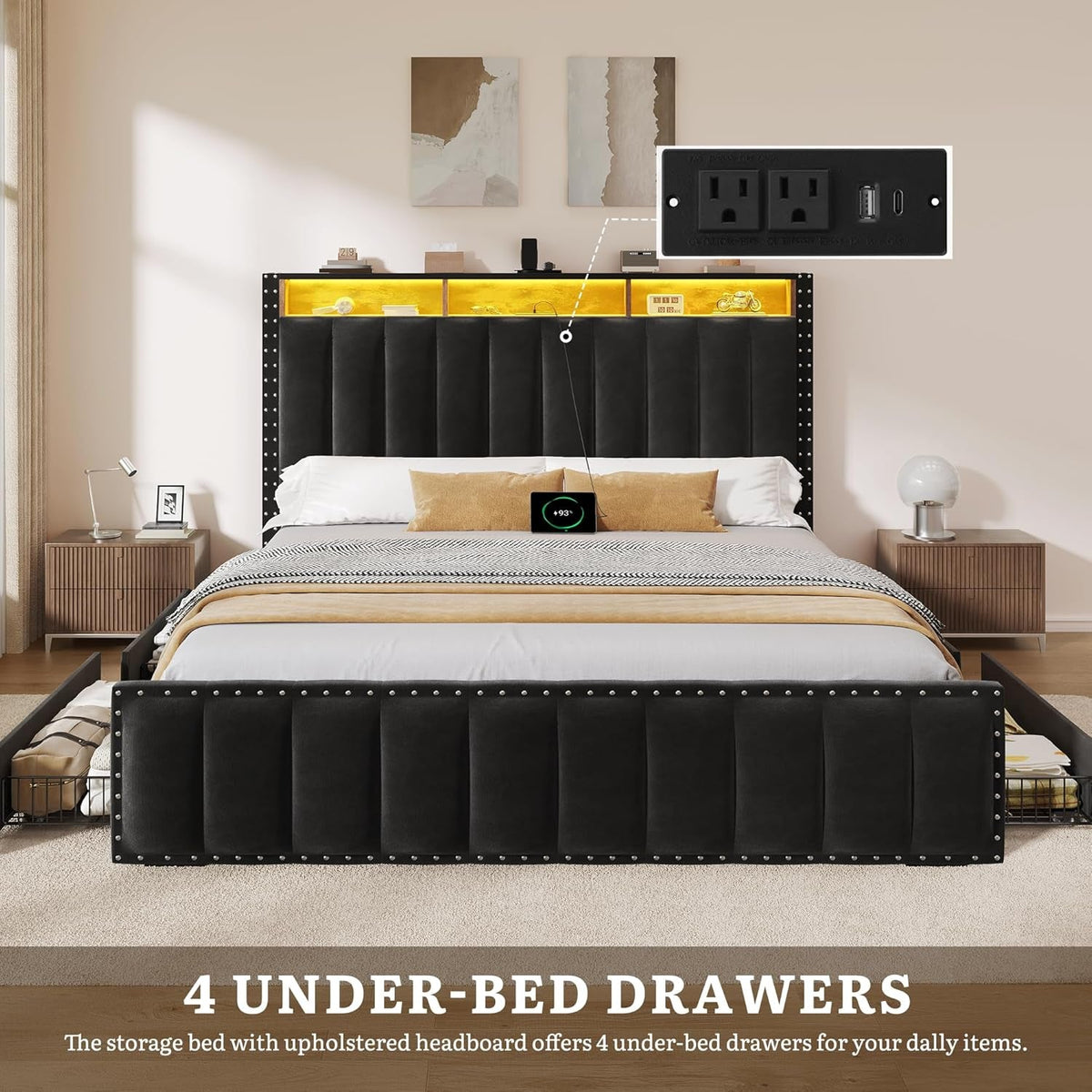Queen Velvet Upholstered Platform Bed With Drawers