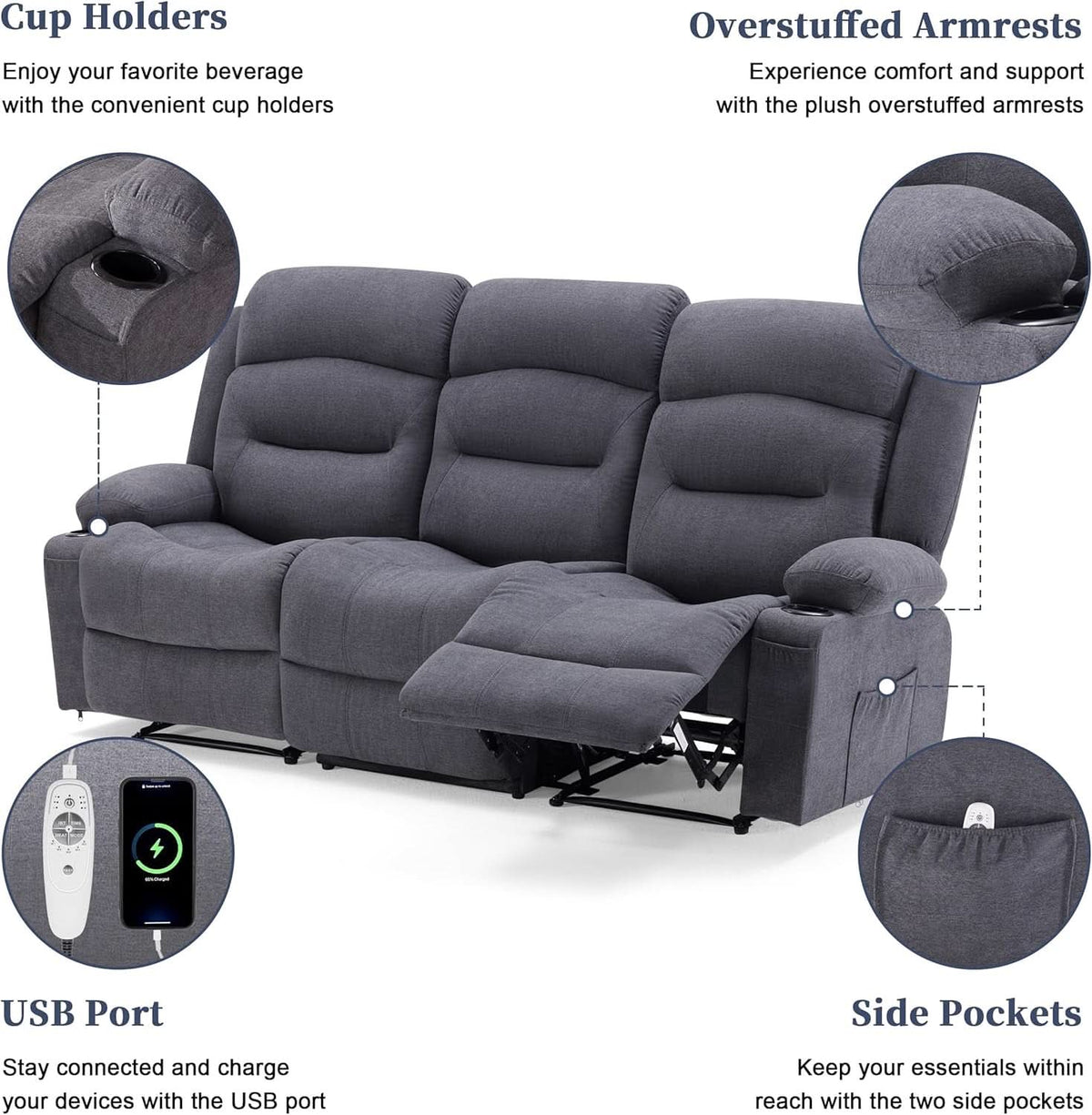 Oversized Heated Massage Recliner Sofa Slate Fabric