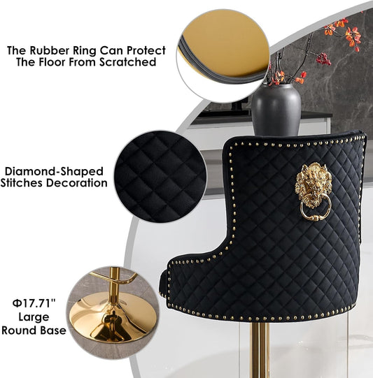 Black Velvet Swivel Bar Stools With Gold Lion Pull Ring