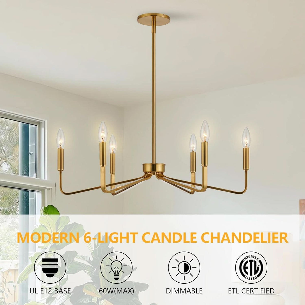 Brushed Brass Six Light Ceiling Mounted Chandelier Fixture