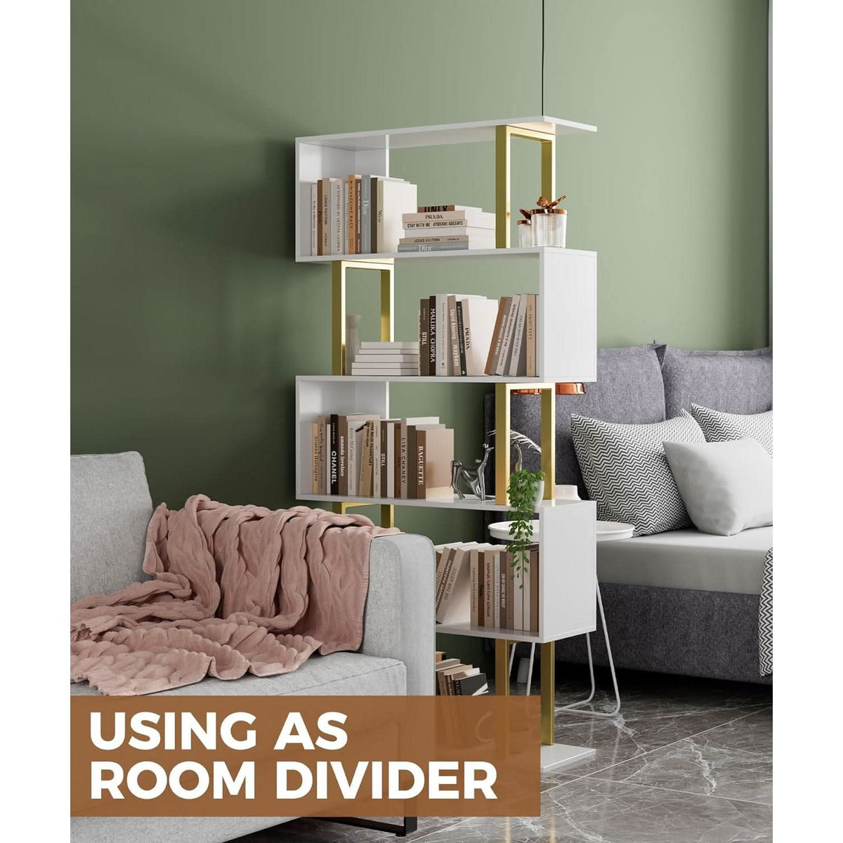 Gold 5 Tier S Shaped Wooden Bookcase For Living Room-4