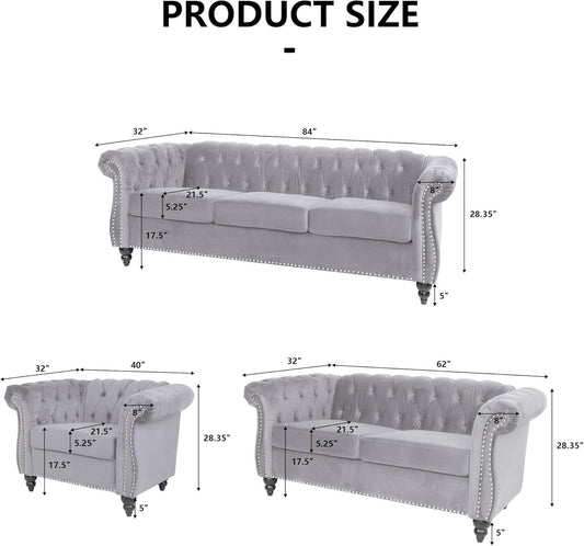 Three Piece Living Room Sofa Set Grey Velvet Chesterfield Sofa Club Chair Loveseat Nailhead Trim-1