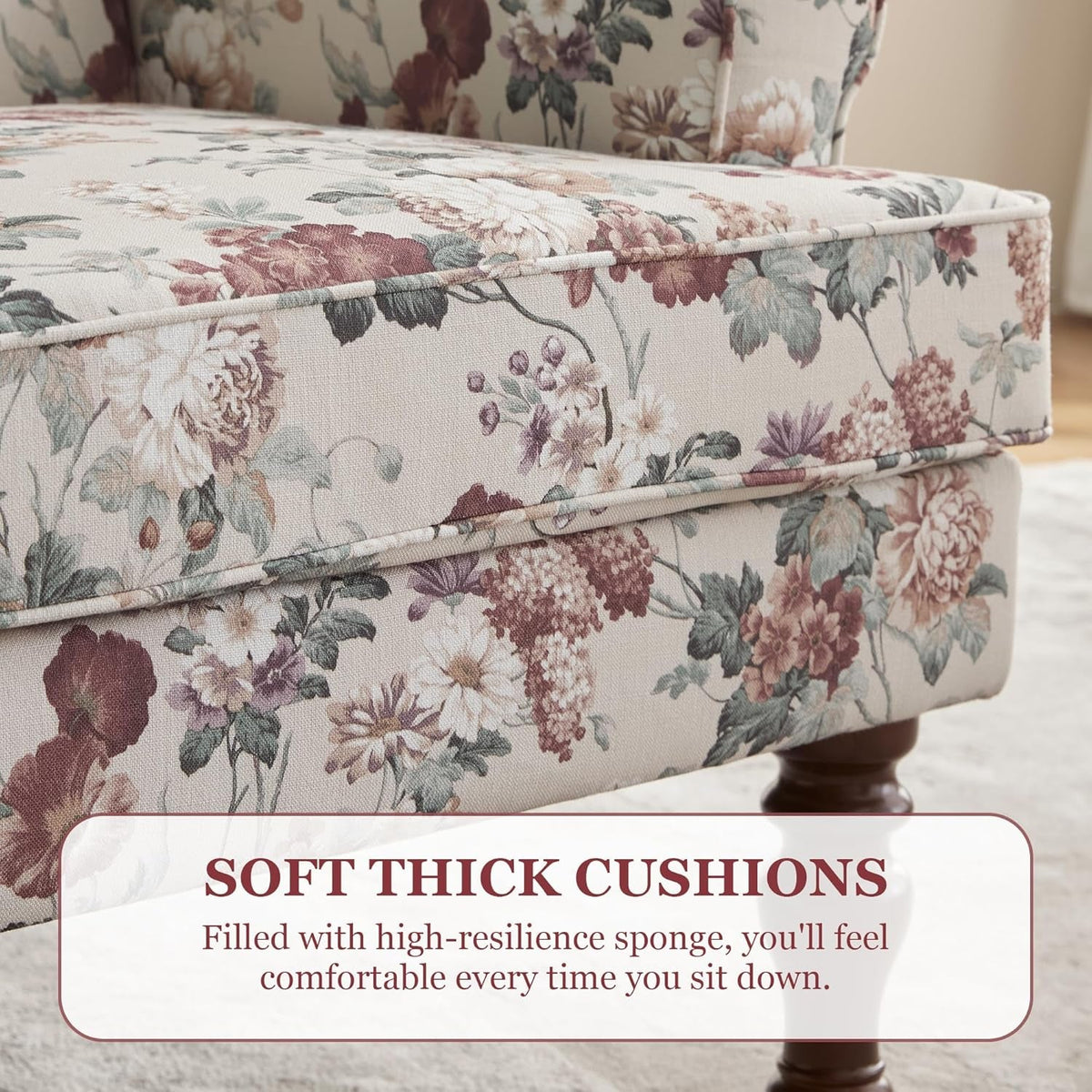 Red Floral Wingback Accent Chair Linen Upholstered