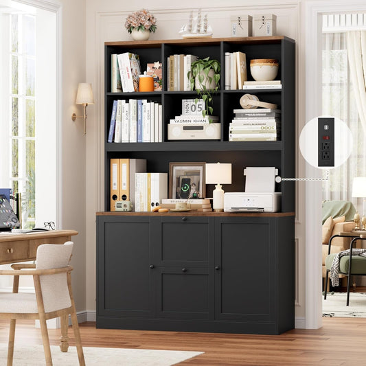 Seventy Two Inch Tall Black Bookcase With Power Out let System-1