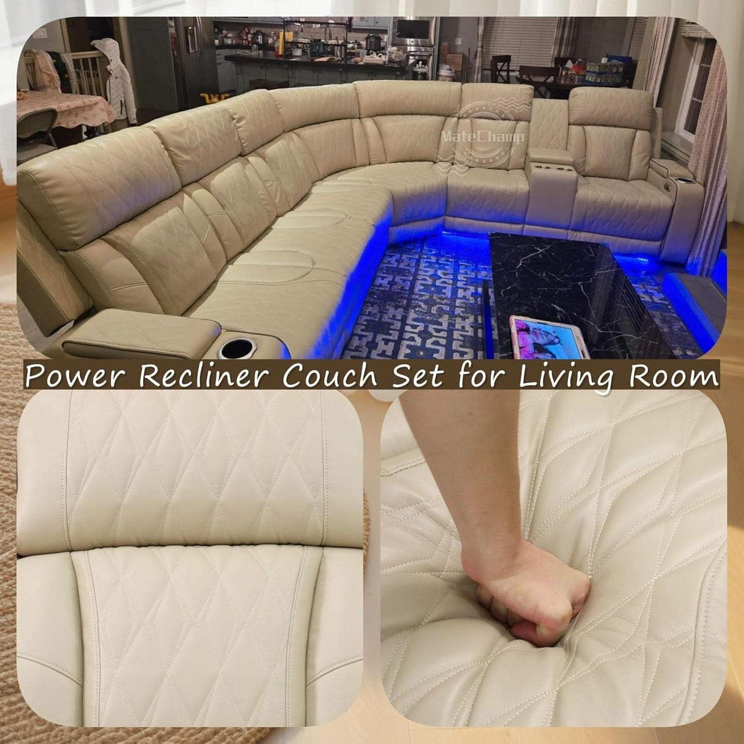 Beige Genuine Leather Power Recliner Sectional LED