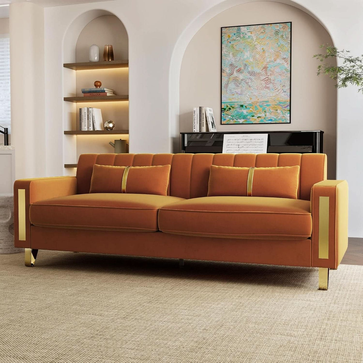 2 Piece Orange Velvet Loveseat Couch Set With Gold Metal Legs 86 Inch Living Room Sofa With 4 Pillows-4