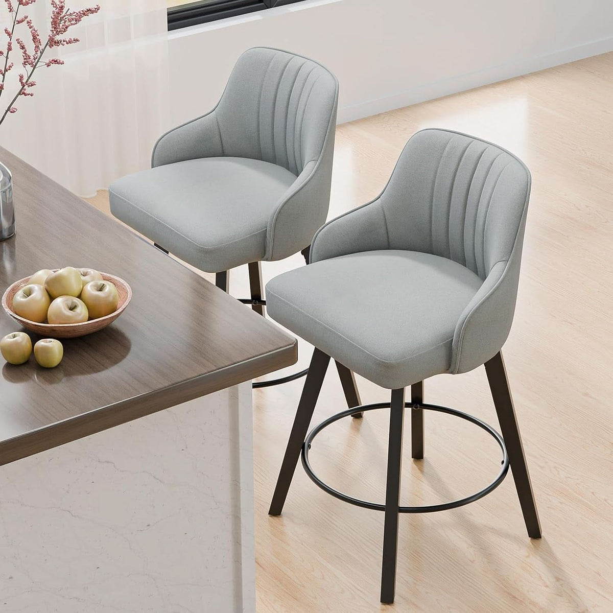Linen Fabric Upholstered Swivel Barstools Set of Two