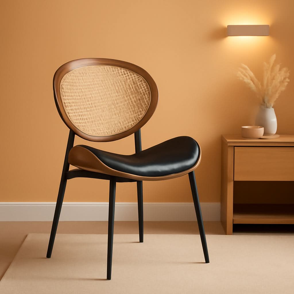 Matte Black Leather Dining Chairs Rattan Backrests
