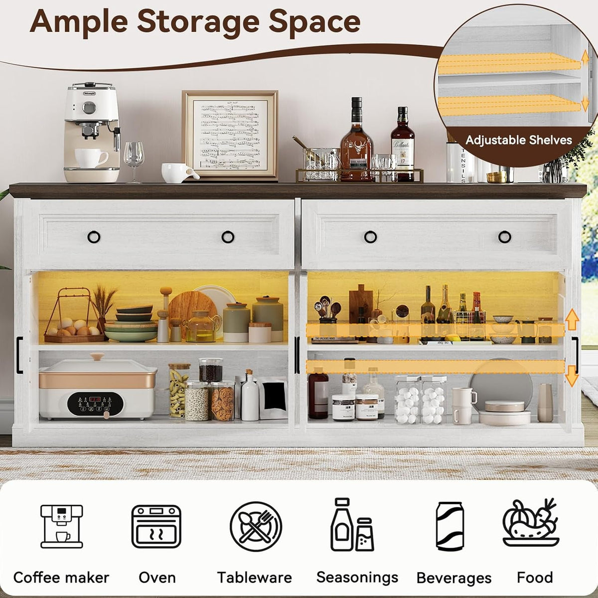 63 Inch Antique White Multipurpose Sideboard Buffet