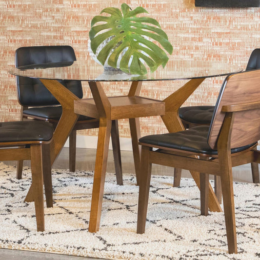 Forty Eight Inch Tempered Glass Round Dining Table Nutmeg Finish