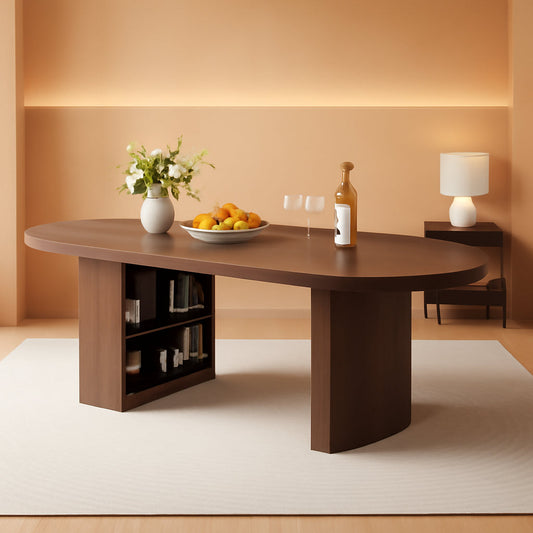 78.7 Inch Oval Walnut Dining Table Storage Shelf System