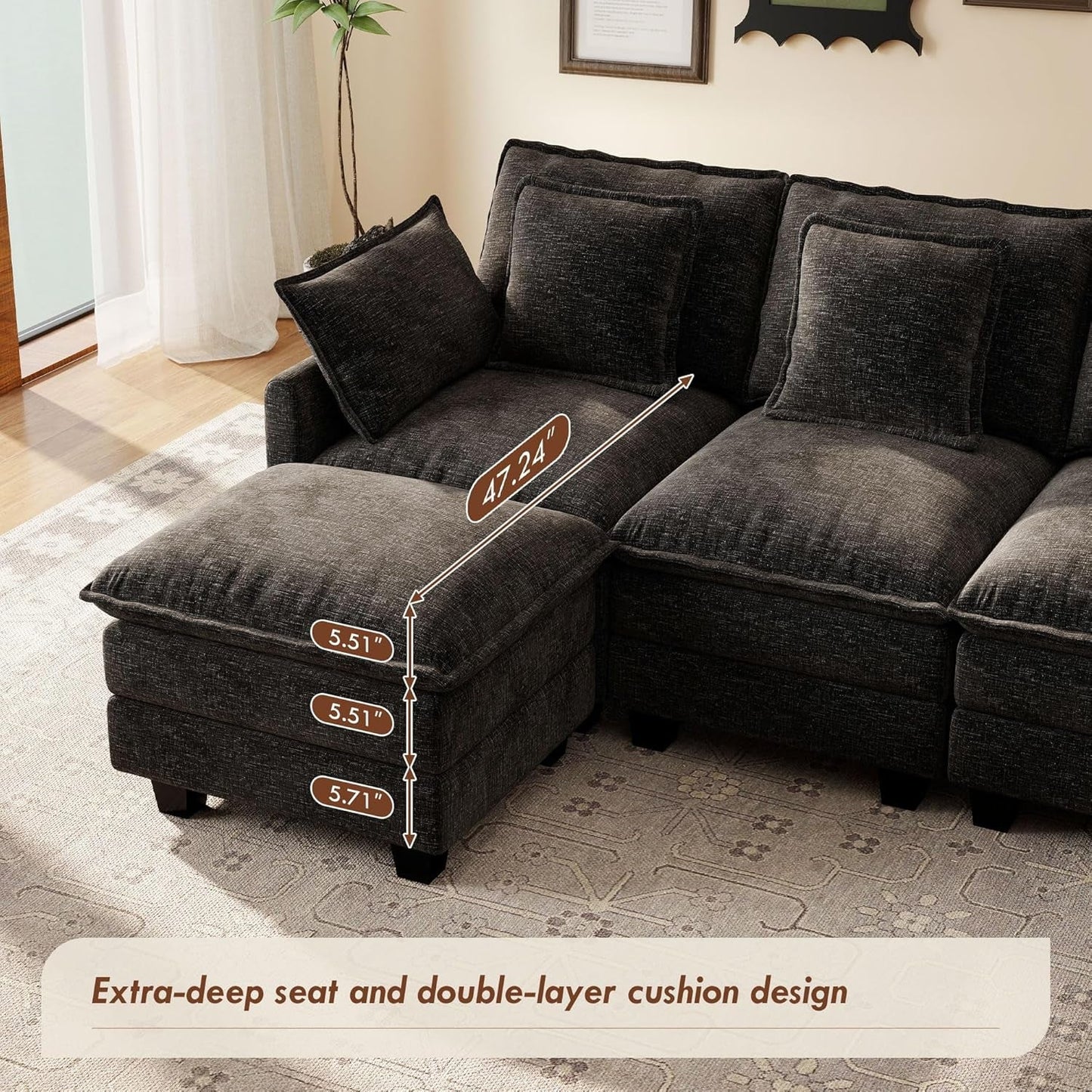 106-Inch Modular Cloud Sofa Black Sectional Modern