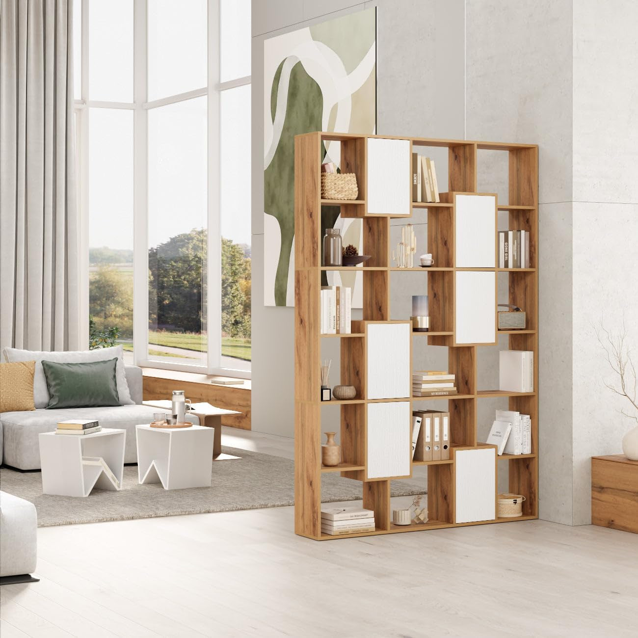 Iacopo Rustic Oak Bookcase Cabinet White Doors