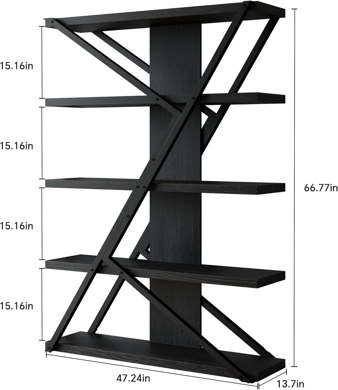 Industrial Book shelf Five Tier Solid Oak Wood Metal