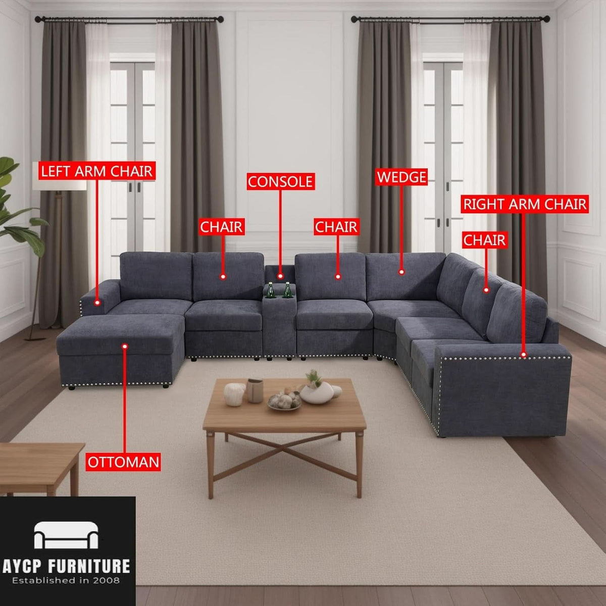 Flannel Modular Sectional Sofa With USB Ports Grey